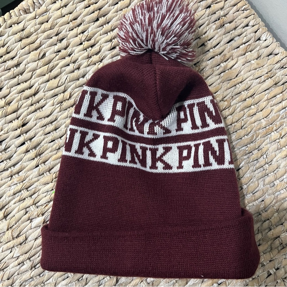 Victoria’s Secret VS‎ Pink Pom Beanie Winter Hat Stocking Cap Toboggan Maroon.